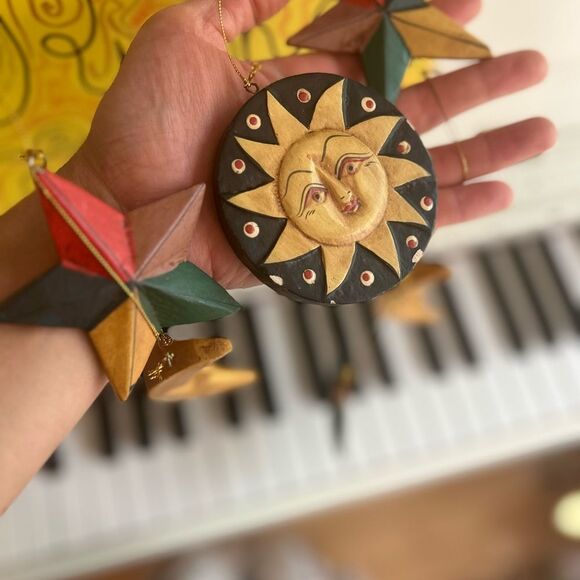 Hand Carved Wooden Star and Moon Ornament Mobile Vintage 90s Indonesia 28.5" - Picture 12 of 16